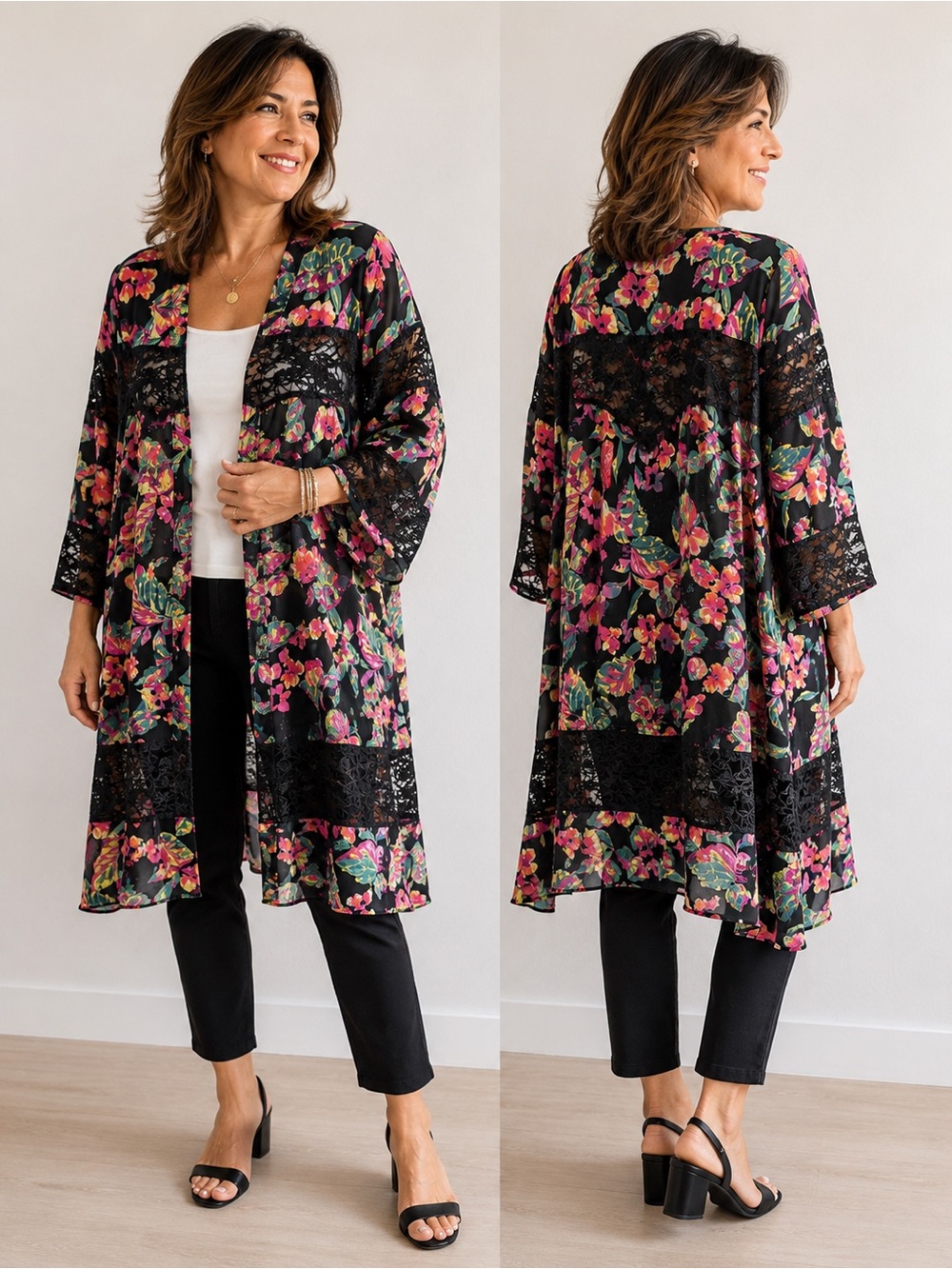 Floral Lace-Trim Kimono Robe - Black with Pink & Green Floral XL